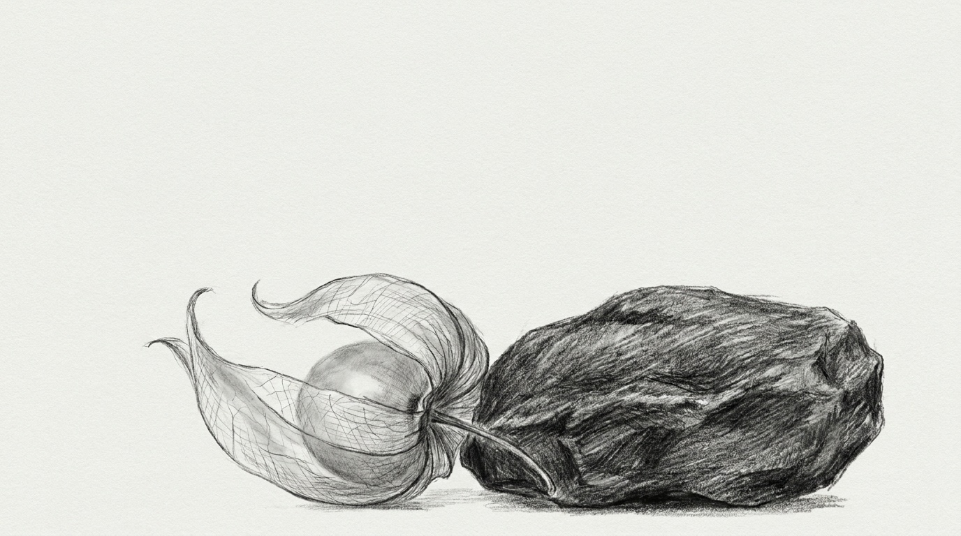 A thin empty shell resting above a deep, densely worked layer of strata, rendered in fine graphite.