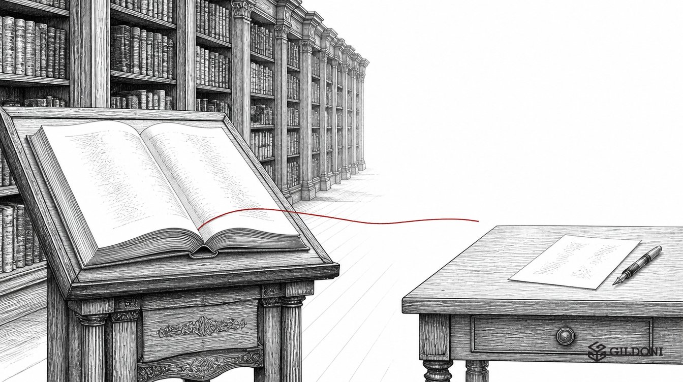 Pen-and-ink illustration of an AI knowledge base as a library whose open book is not connected to the decision on the desk