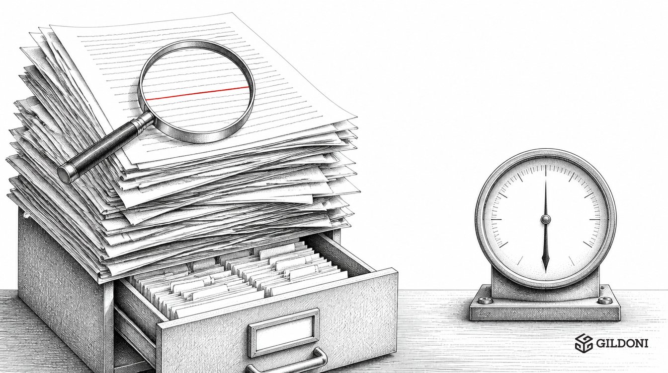Pen-and-ink illustration: a magnifying glass on a stack of papers marks one line in red, while a gauge on the desk beside it stays at rest.