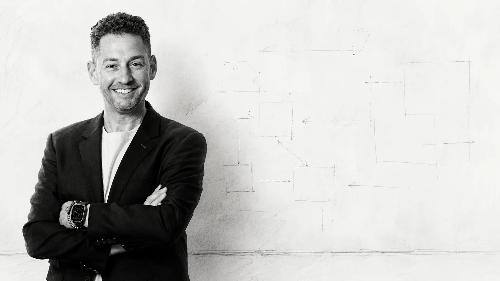 Editorial black-and-white image: confidence in front of a largely unbuilt plan, the AI-readiness illusion.