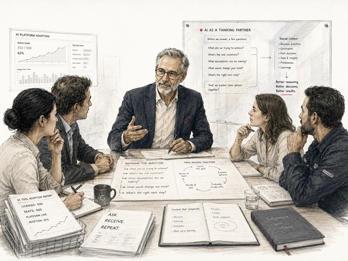 A leadership team around a boardroom table: a wall dashboard reports AI platform adoption while a whiteboard reframes the work as AI as a thinking partner, with notes on shared context, reasoning and judgement, drawn in fine-graphite pen and ink.