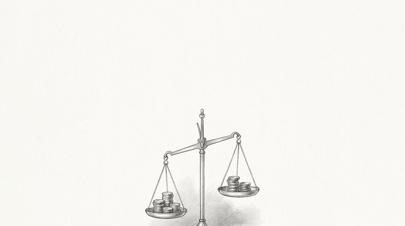 Fine-graphite black-and-white drawing: a division managing director at a table weighing several business cases on a balance, one folder bright with confident claims, the analyst's chair opposite marking each one for cross-examination.