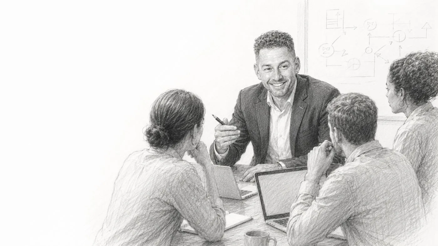 Editorial black-and-white illustration of a leadership team in a sleeves-up working session around a table of laptops and papers, one person gesturing with a pen, a methodology diagram sketched on the board behind.