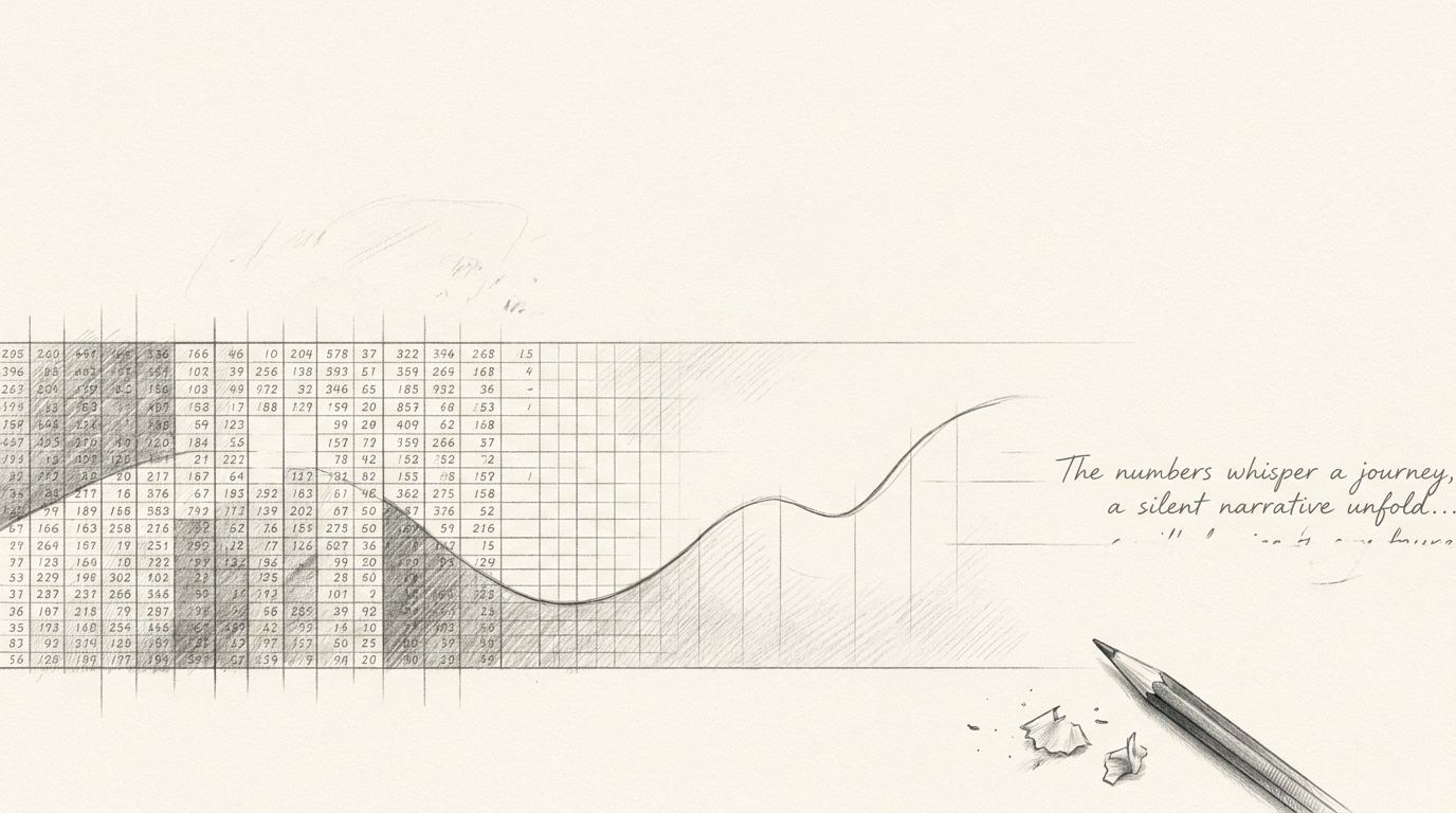 Fine-graphite black-and-white drawing: a chief financial officer at a boardroom table, a dense ledger of figures resolving into a single line of narrative on the page in front of the directors.