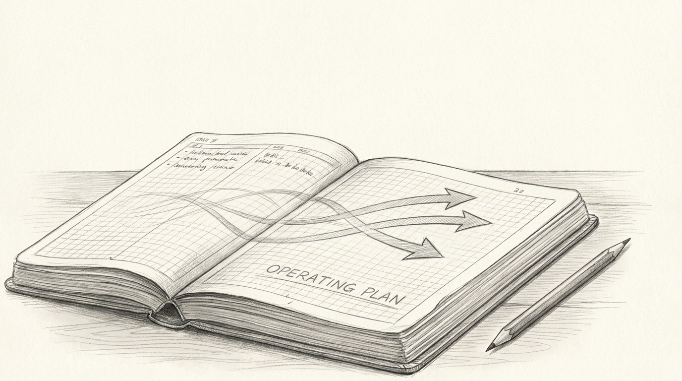 Fine-graphite black-and-white drawing of a general manager standing at a long planning table, a single twelve-month line on the wall fading into faint hatching past the six-month mark, spreadsheets fanned out across the table and one target figure circled in firm pencil.