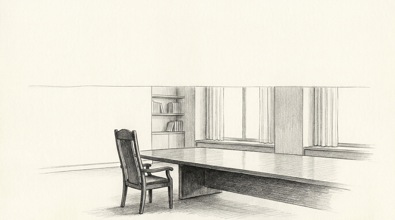 A chief executive standing at a window above a city, drawn in fine-graphite black and white.