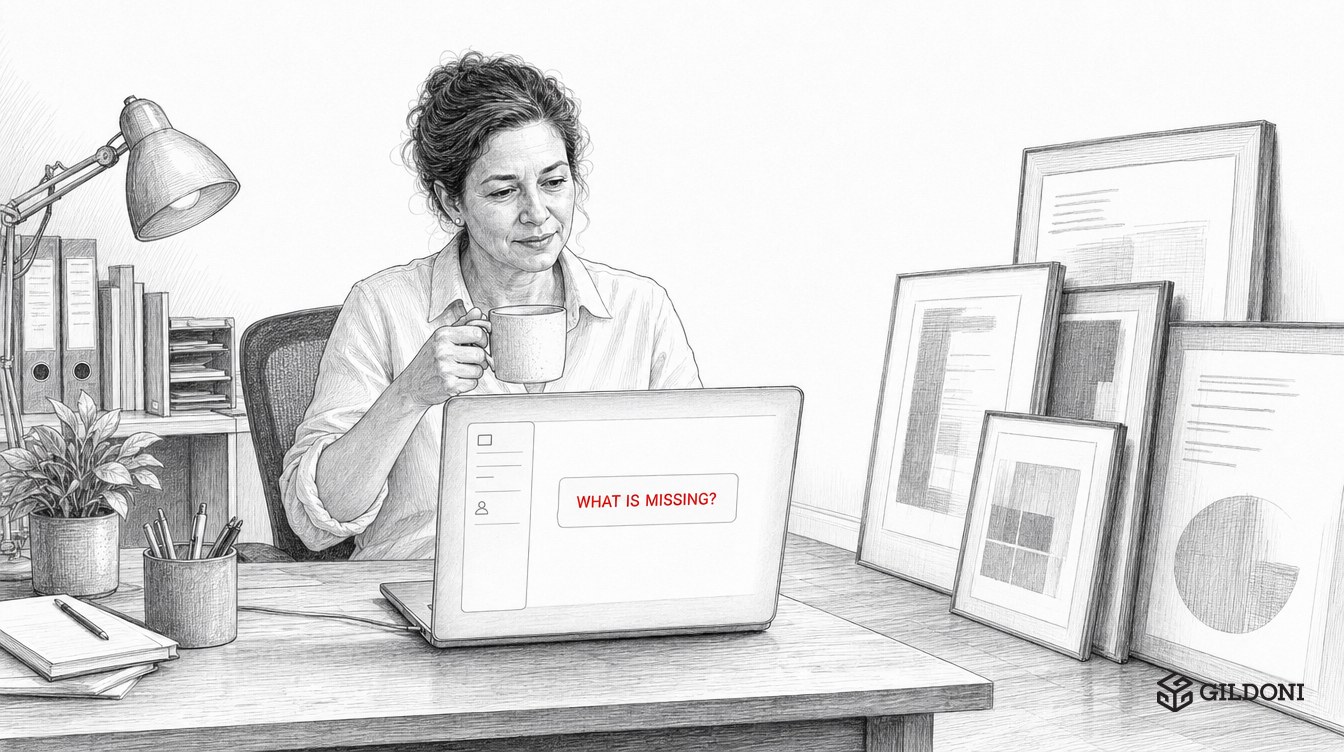 Pencil-sketch illustration: a leader alone at her desk in a quiet office, old initiative posters stacked against the wall, her screen asking What is missing?