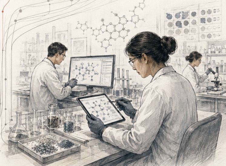 Materials scientists in a laboratory reasoning over molecular structures on a screen and a tablet, with flasks, samples and a microscope around them, drawn in fine-graphite pen and ink.