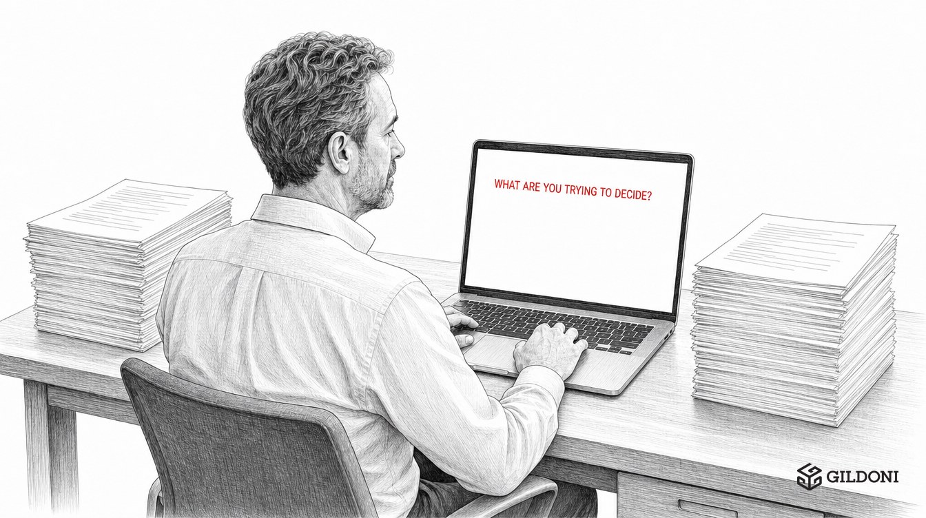 Pencil-sketch illustration: an executive at a desk between two identical stacks of documents, his AI assistant asking What are you trying to decide?