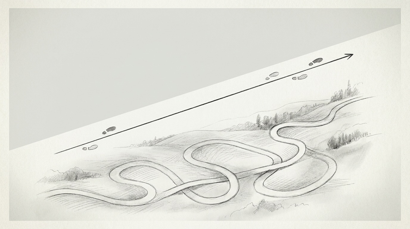 Editorial black-and-white image: a long wandering path that loops and doubles back, beside a single clean direct line from the same start to the same end, a journey compressed.