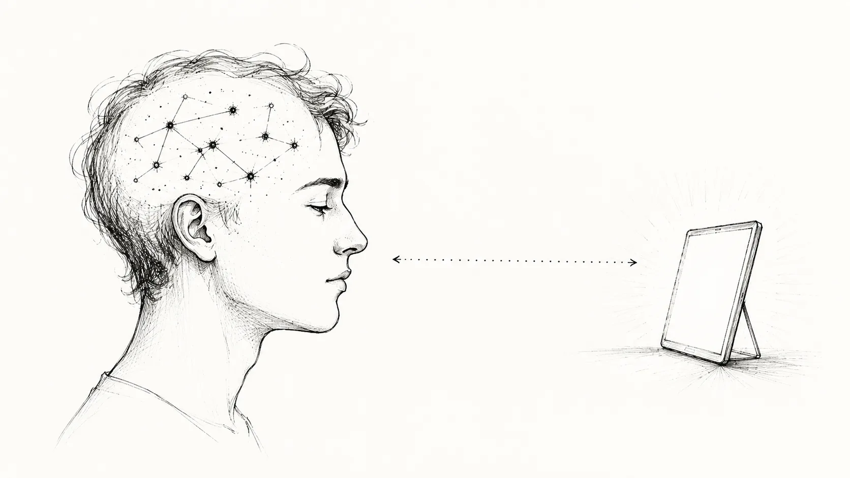 A human head in profile beside a small screen, a faint line between them suggesting thinking that could flow toward the mind or away from it.
