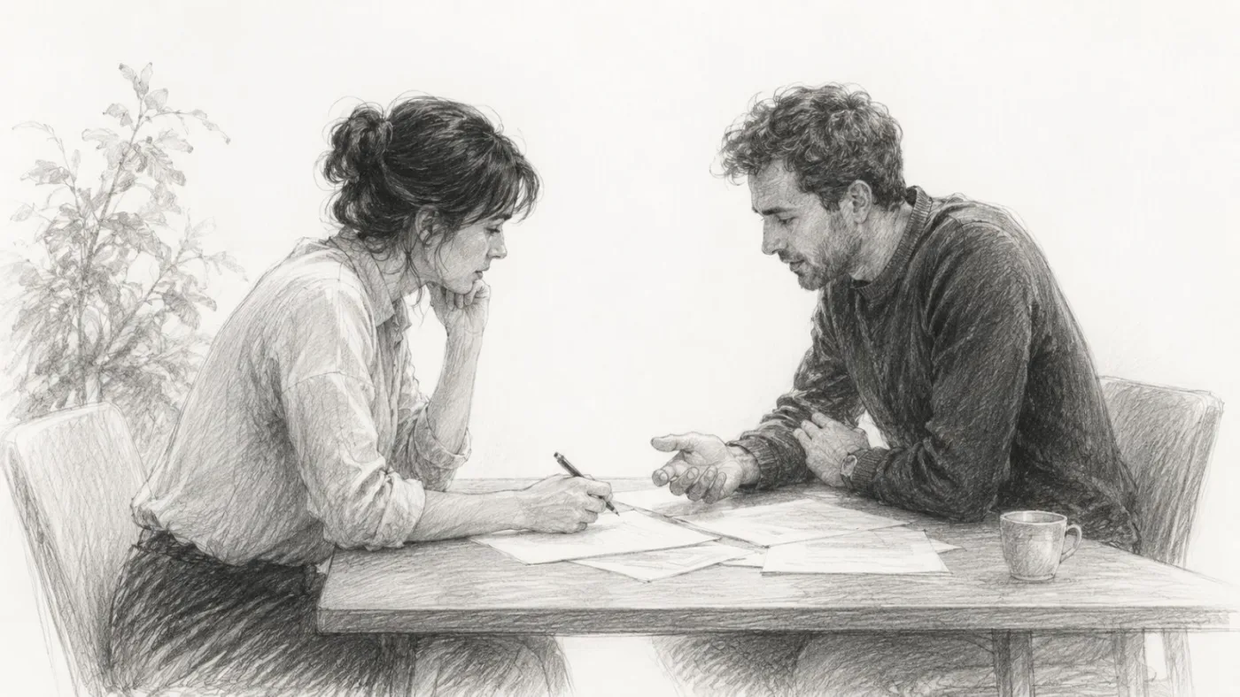 Editorial black-and-white pencil illustration of a focused one-to-one coaching session: two people at a single table, one writing on a worked page while the other gestures mid-explanation, papers and a cup between them.