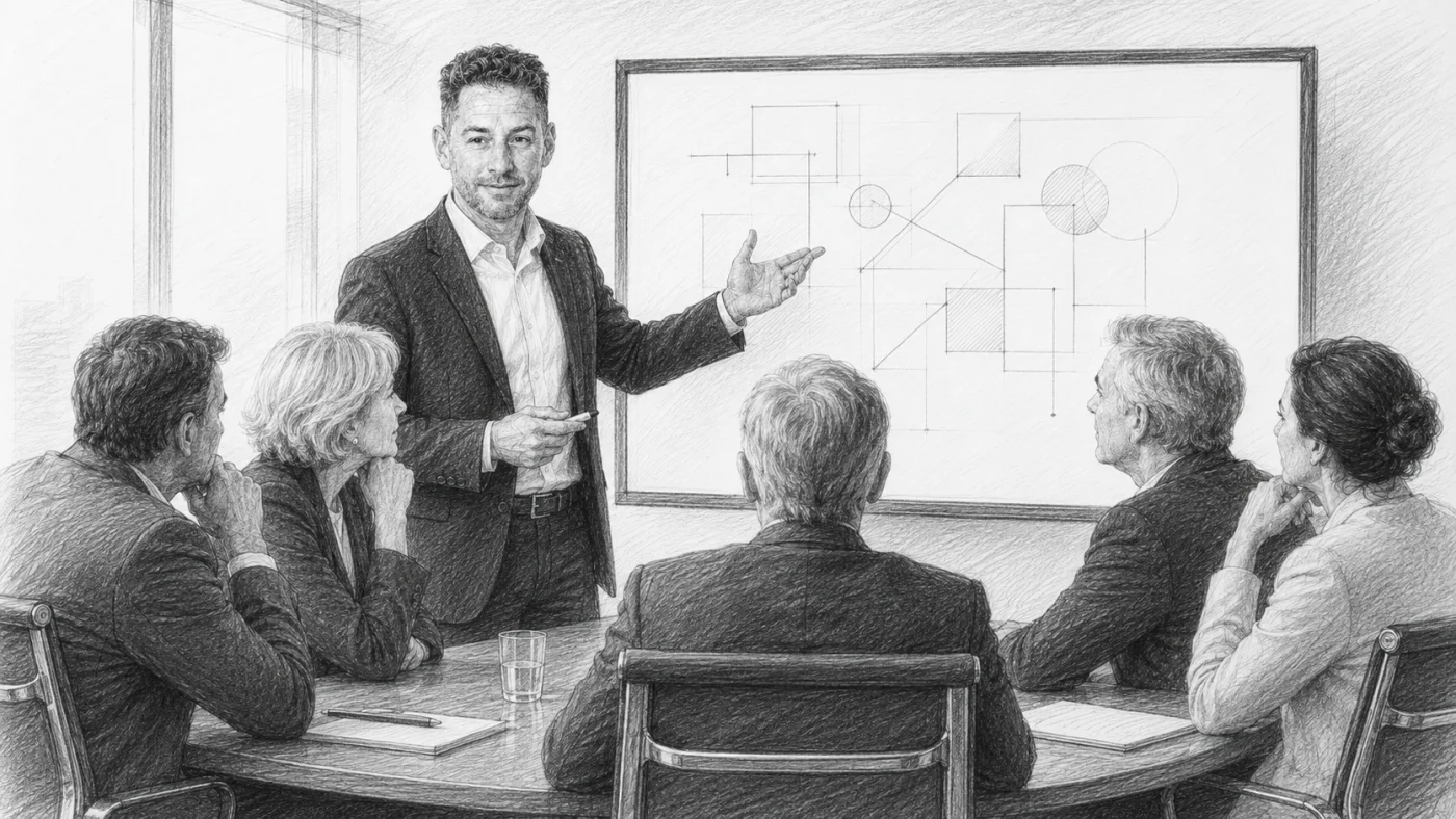 A leadership team in an Eye-Opener Workshop, watching its own real work transformed at a whiteboard.