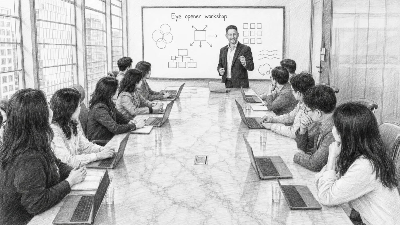 A leadership team seated around a boardroom table with open laptops, watching the facilitator work a live challenge at a whiteboard headed Eye-Opener Workshop, drawn in monochrome.