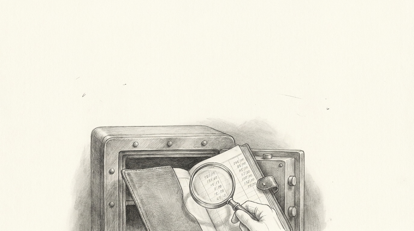 Fine-graphite black-and-white drawing: a chief financial officer at a desk, a ledger and a single sealed figure under a hand, a locked door behind the work where the numbers stay in.