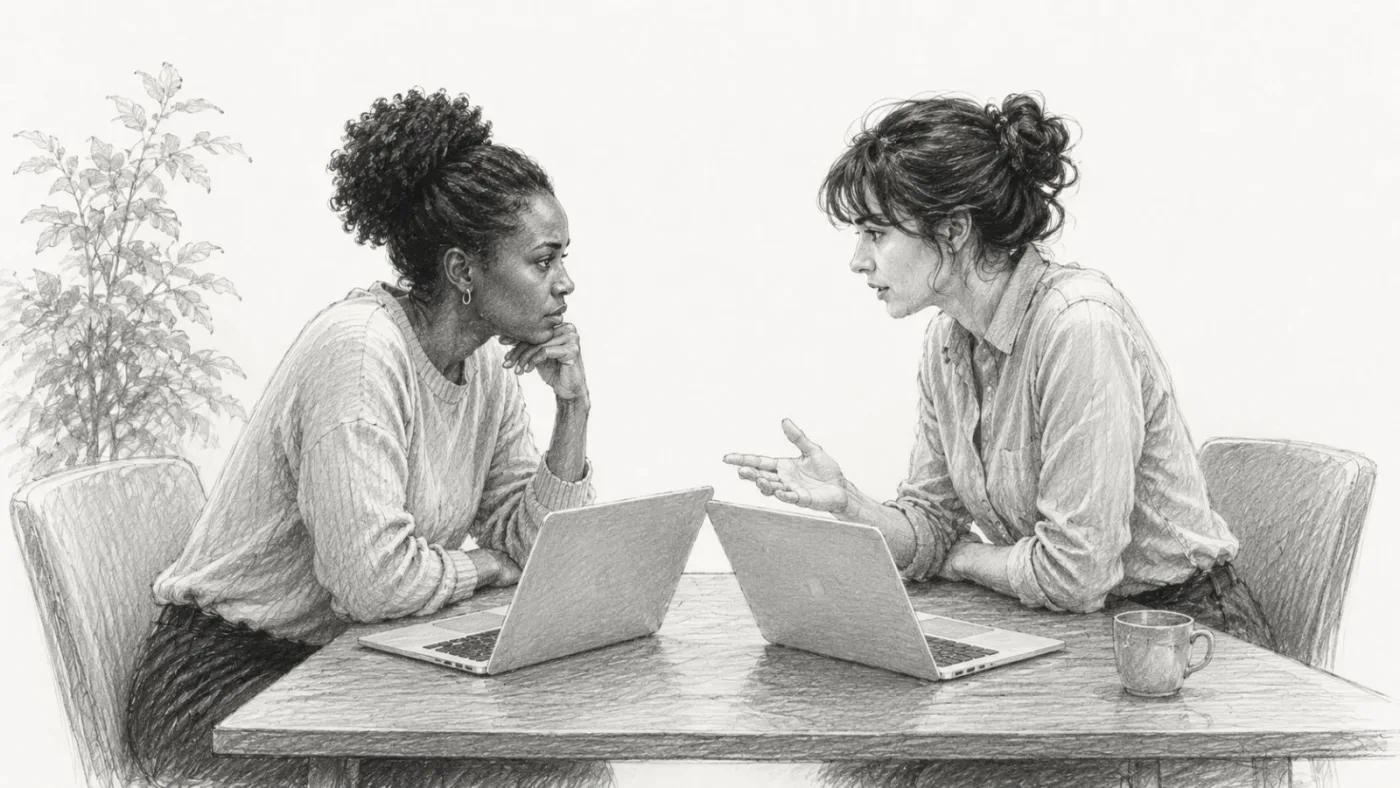 Two people in close discussion over a shared text, the image of paired study.