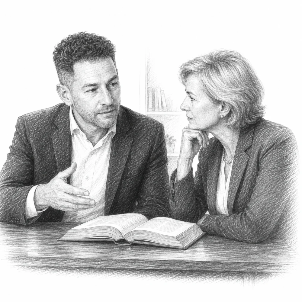 A pen-and-ink drawing of two colleagues seated at a small table, leaning into one open book between them, the paired-study scene at the root of the word Havruta.