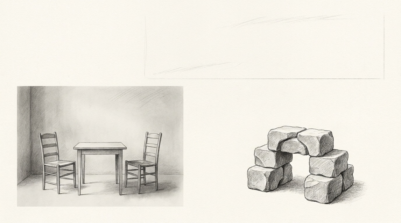 Two chairs in a quiet room on one side; a structured set of interlocking blocks on the other. A relationship versus an installed system.