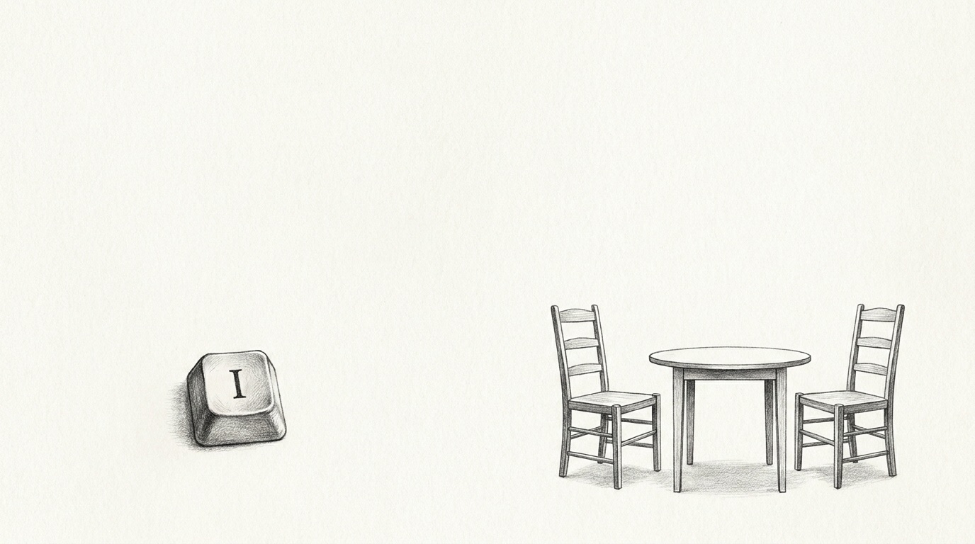 A single keyboard key in sharp focus on one side; two chairs facing each other across a table on the other. Input versus dialogue.