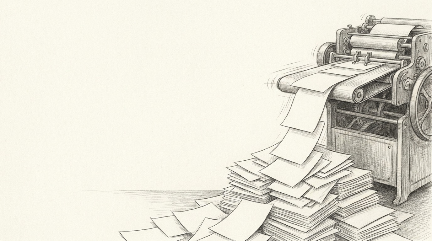 Editorial black-and-white image: a fast press spilling a relentless stream of identical blank sheets into an unused pile, busy machinery producing nothing of value.