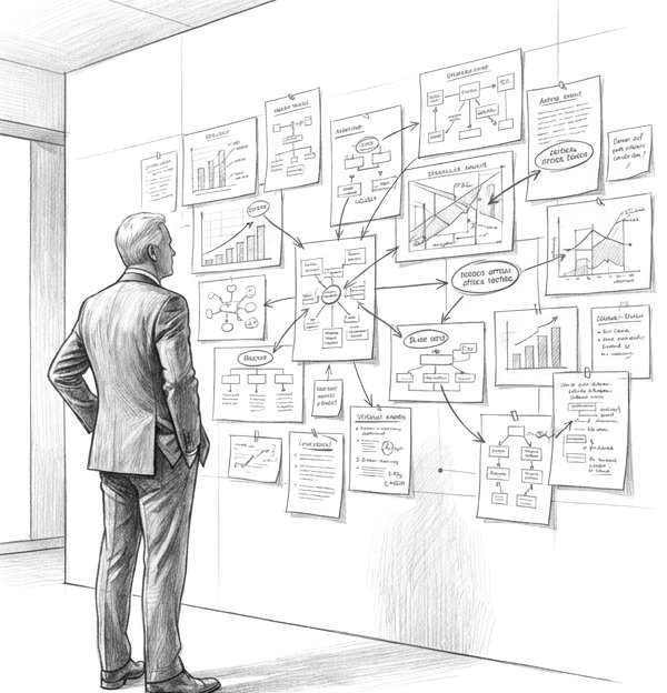 Editorial black-and-white illustration of a senior security leader studying a wall of connected notes, weighing a hard decision.