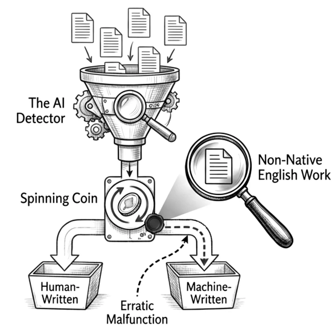 Pencil-and-ink diagram of an AI detector drawn as a funnel machine: essays pour in, a spinning coin decides, and the trays below are labelled human-written and machine-written.