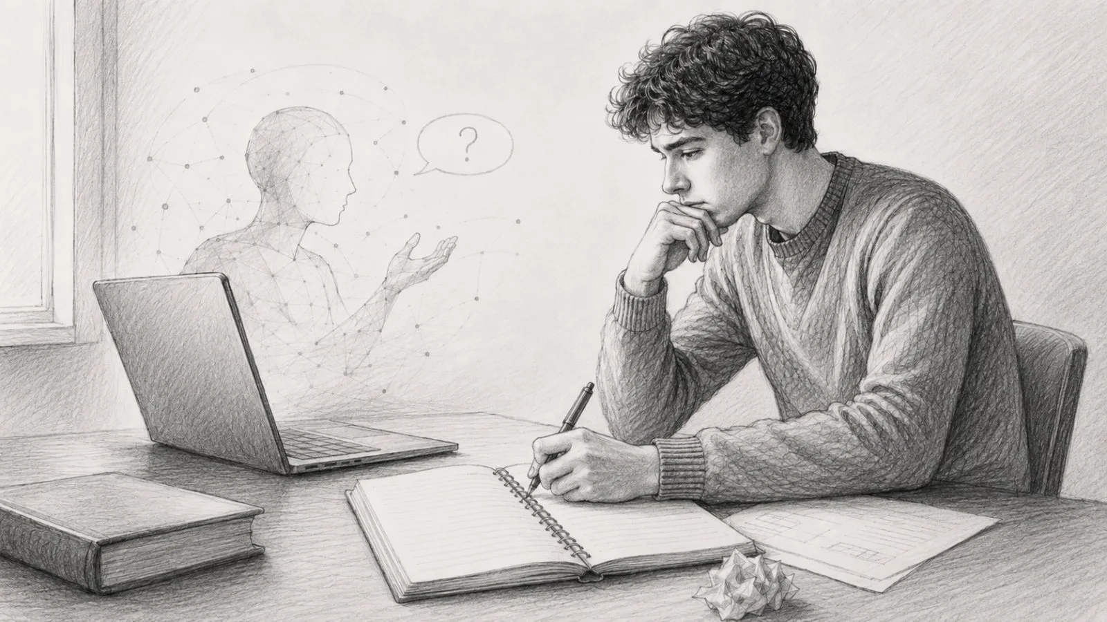 A student pausing at a desk between an open laptop and a notebook, mid-decision.