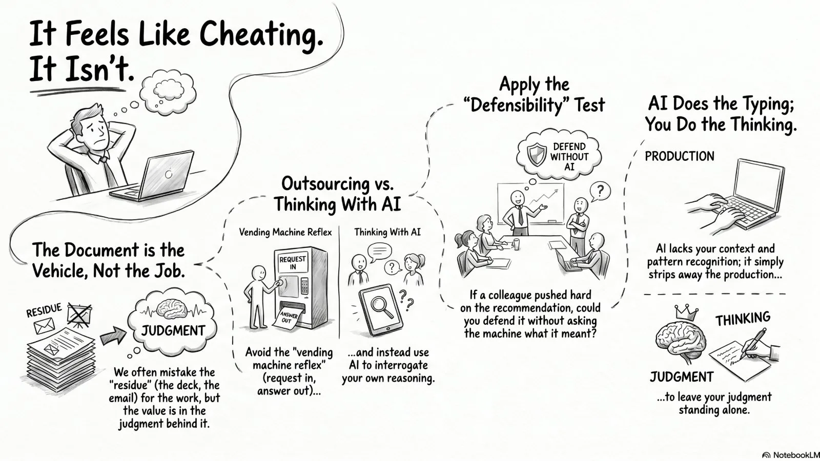 Hand-drawn black-and-white sketch of the essay's argument: the document is the vehicle, not the job; outsourcing versus thinking with AI; the defensibility test; AI does the typing, you do the thinking.