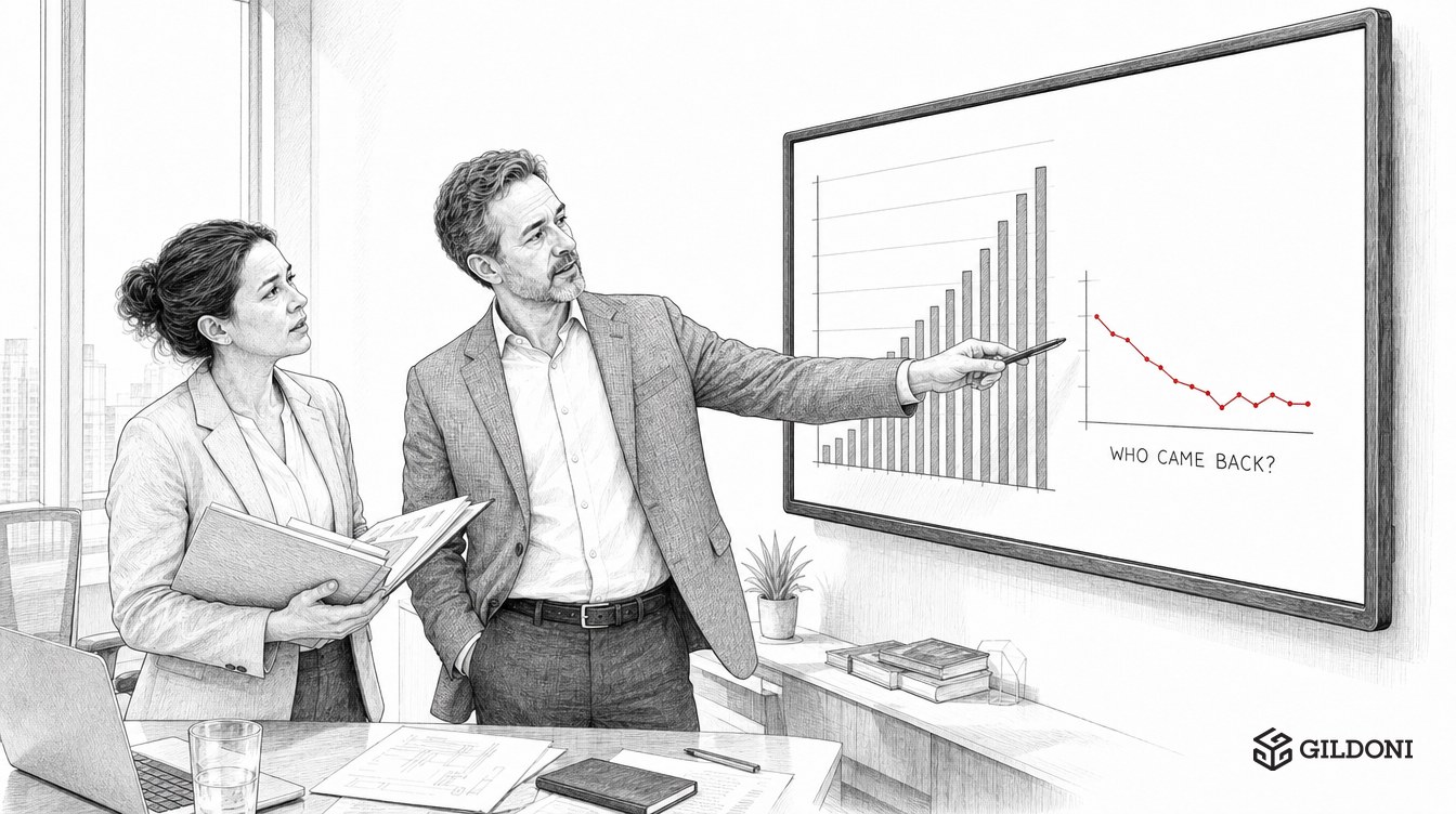 Pencil-sketch illustration: two executives study a wall chart where a tall rising bar chart dwarfs a small flattening line labelled Who came back?