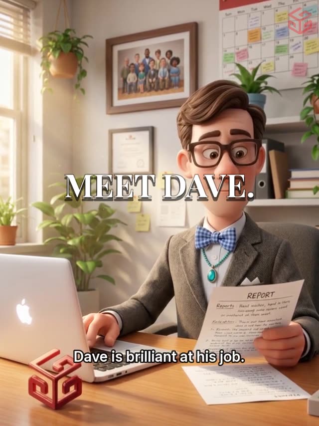 The Meet Dave series trailer: Dave, a Pixar-style animated executive with thick glasses and a bow tie, at his desk under the title Meet Dave.