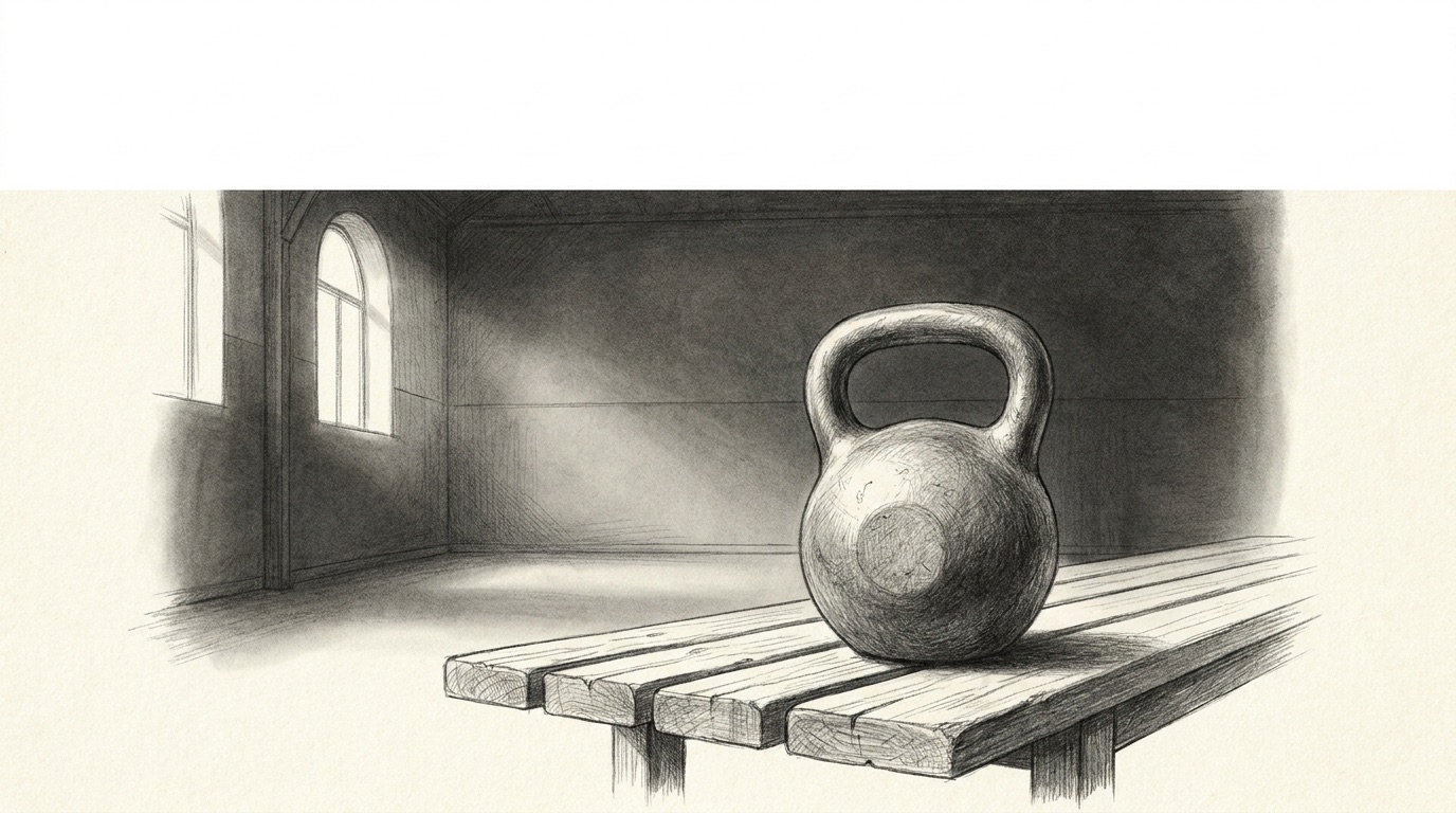 A single weight resting on a bench in a quiet, empty gym at first light, rendered in fine graphite, calm and disciplined.