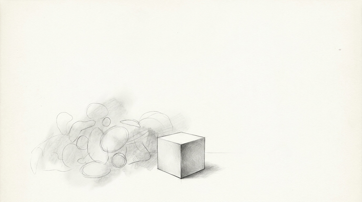 Fine-graphite black-and-white drawing: a hand crossing out a first, hurried question and writing a sharper one beneath it, the second line clearer than the first.