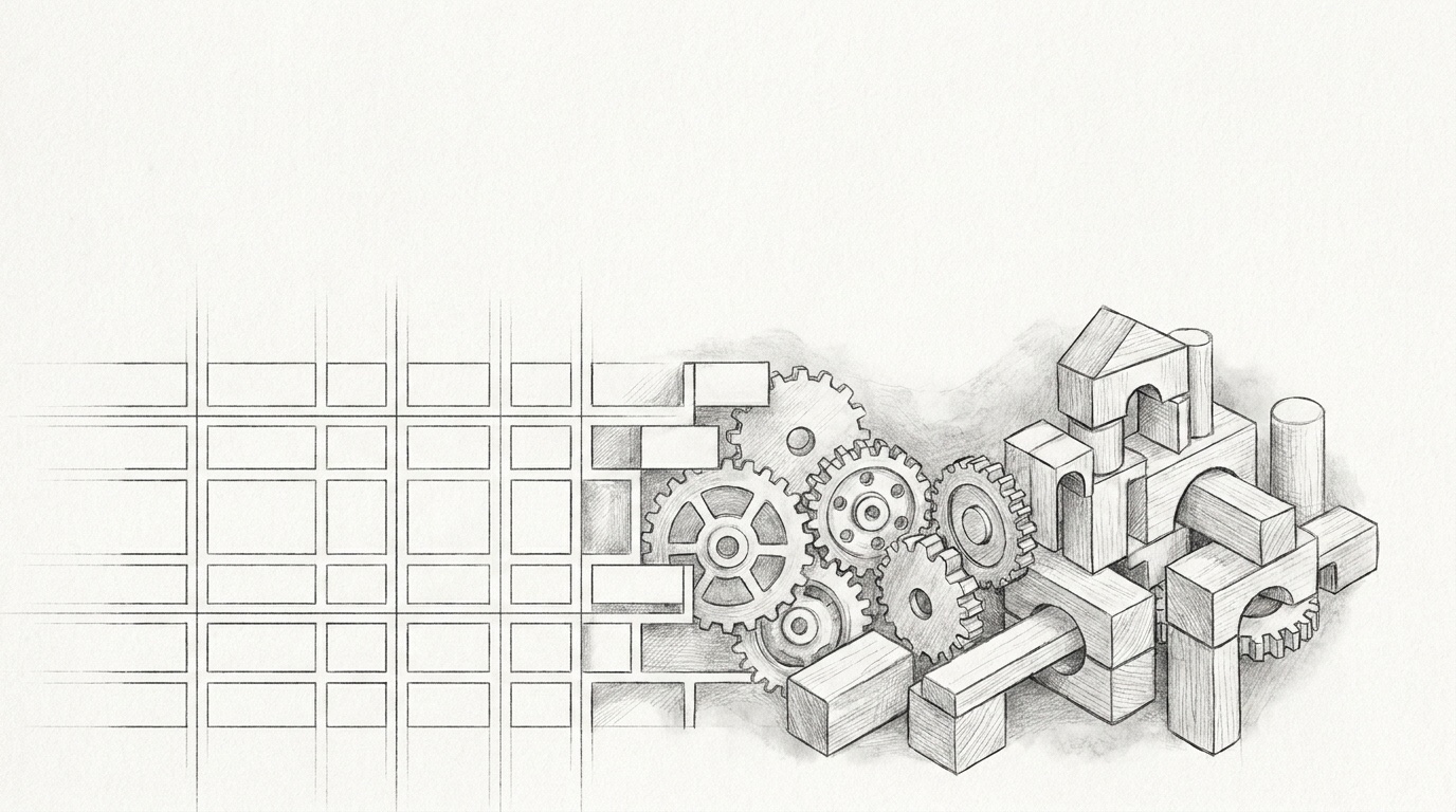 Fine-graphite black-and-white drawing of a Division Managing Director standing between two competing org charts: on one side an empty grid of boxes waiting to be filled, on the other a hand-drawn map of named capabilities with the gaps marked. The leader studies the capability map.