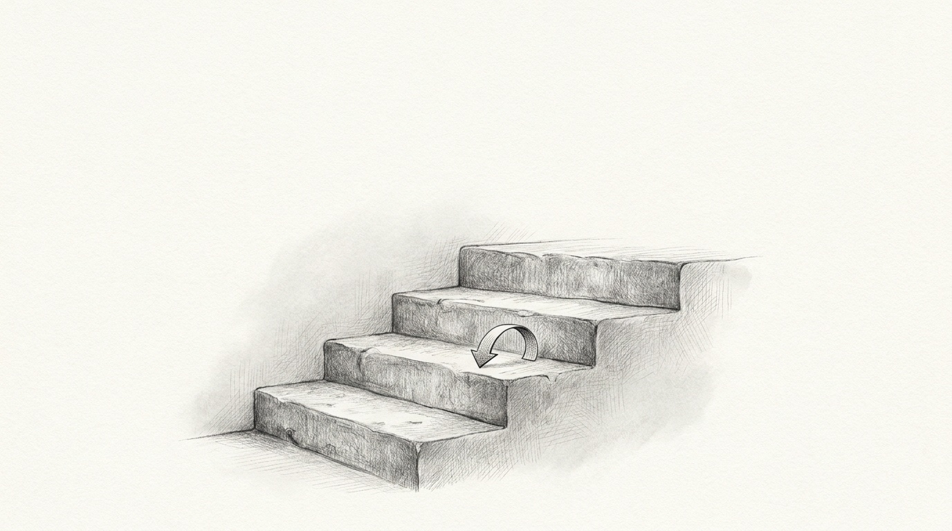 A single ladder of four rungs ascending in clear light, each rung carrying one word, drawn in fine graphite.
