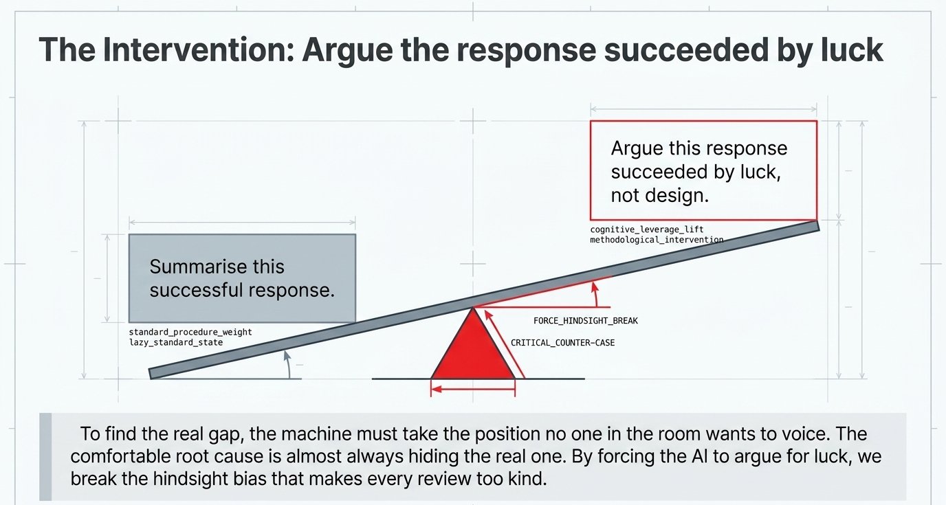 A balance diagram titled 'The intervention: argue the response succeeded by luck'. A long beam tips on a red fulcrum: on the heavy side, the default prompt 'summarise this successful response'; lifted high on the other, the counter-case instruction 'argue this response succeeded by luck, not design'.