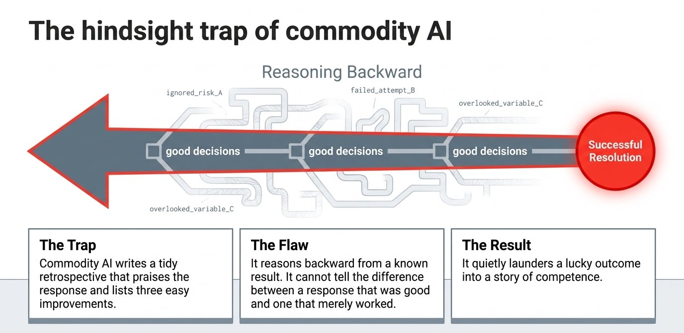 A diagram titled 'The hindsight trap of commodity AI'. A wide arrow labelled reasoning backward runs from a successful resolution through a chain of seemingly good decisions, past ignored risks and overlooked variables. Three notes beneath it: the trap, a tidy retrospective that praises the response; the flaw, reasoning backward from a known result; the result, a lucky outcome laundered into a story of competence.