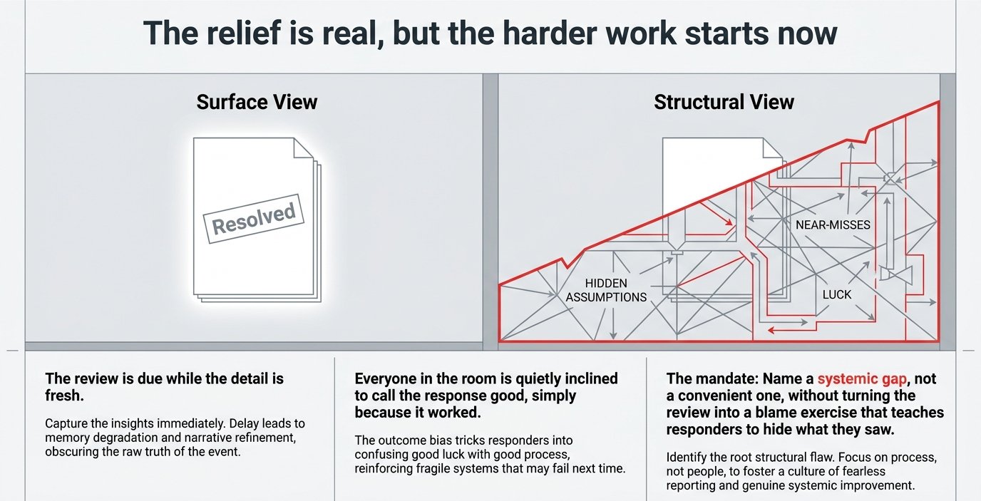 A two-panel diagram titled 'The relief is real, but the harder work starts now'. The surface view shows a closed incident file stamped Resolved. The structural view reveals what sits beneath the same file: hidden assumptions, near-misses and luck, traced in red.