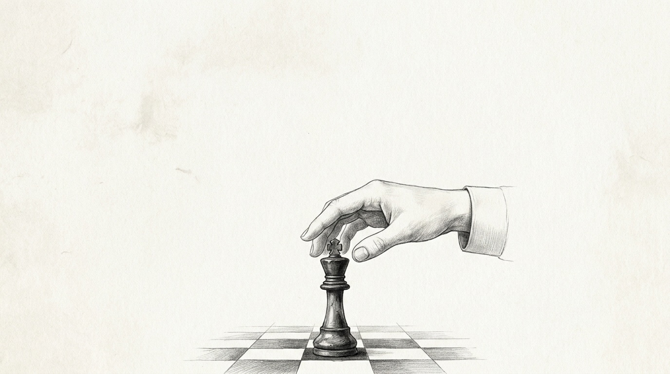 Fine-graphite black-and-white drawing: a chief executive alone at night over a single document, an empty chair drawn opposite as the adversary they have yet to summon.