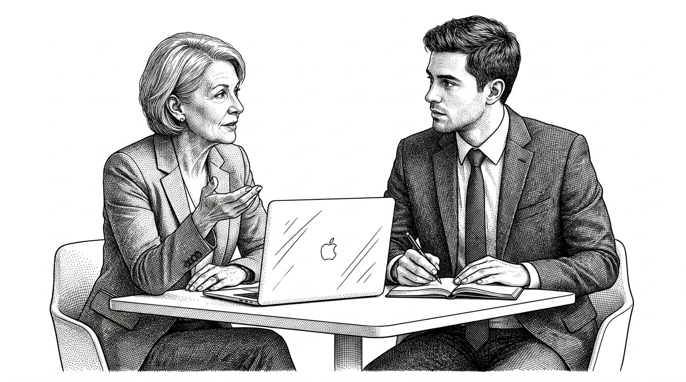 Two executives reasoning a question through together at a table, the Havruta method of paired study, drawn in black and white.