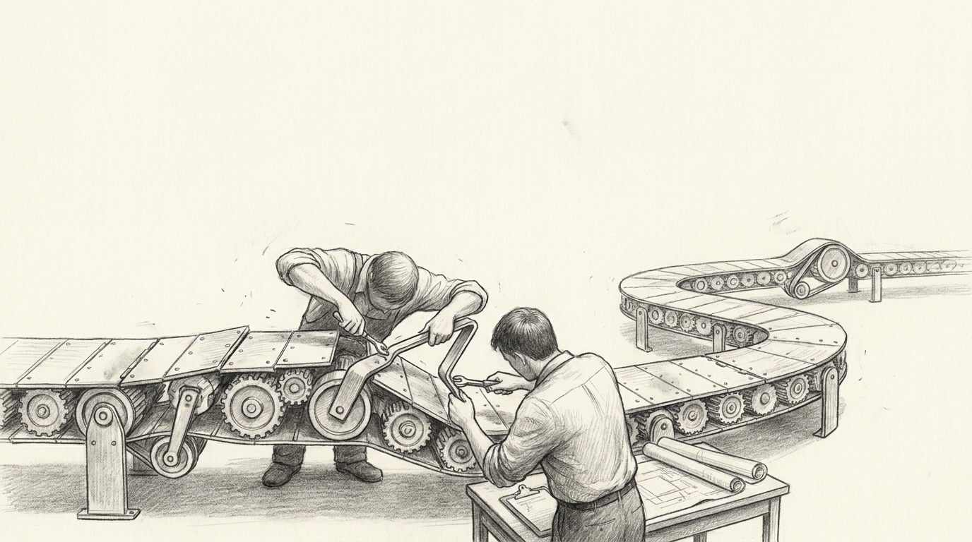 Fine-graphite black-and-white drawing: a chief operating officer standing at a wall of pinned process steps, one slow step circled in the middle, an automation arrow held back from it until the goal at the end of the line is named.