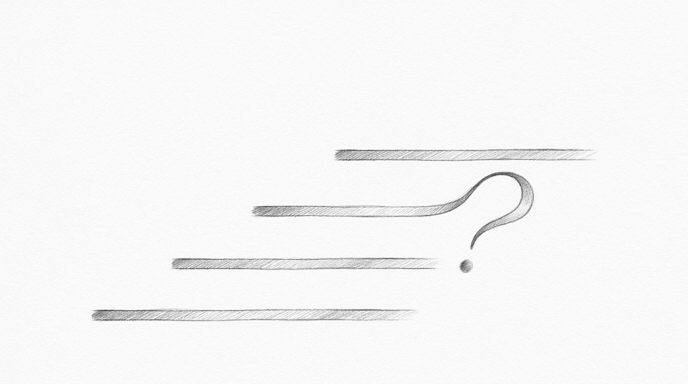 Four hand-drawn lines, the third curving into a question mark, illustrating the 4-Lines opening: Persona, Goal, the Flip, Sequence.