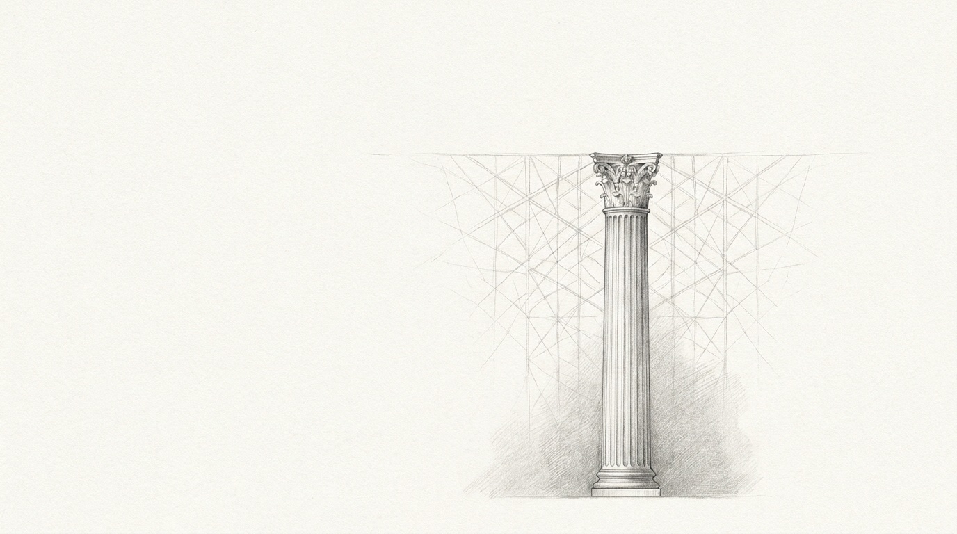 The second of a pair of carved stone columns, with a faint lattice of connecting lines suggesting a stored structure, in fine graphite.