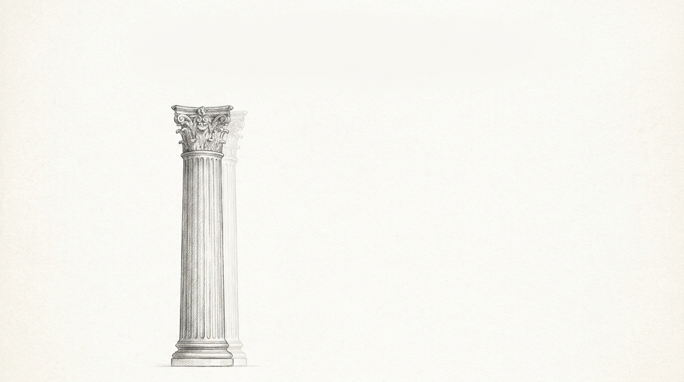 A single carved stone column standing in clear light, the first of a pair, rendered in fine graphite.