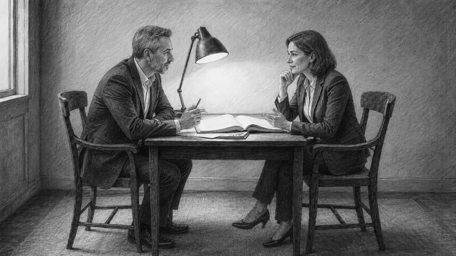 Two people sitting across a small table under a single study lamp, an open book between them, mid-argument, drawn in monochrome.