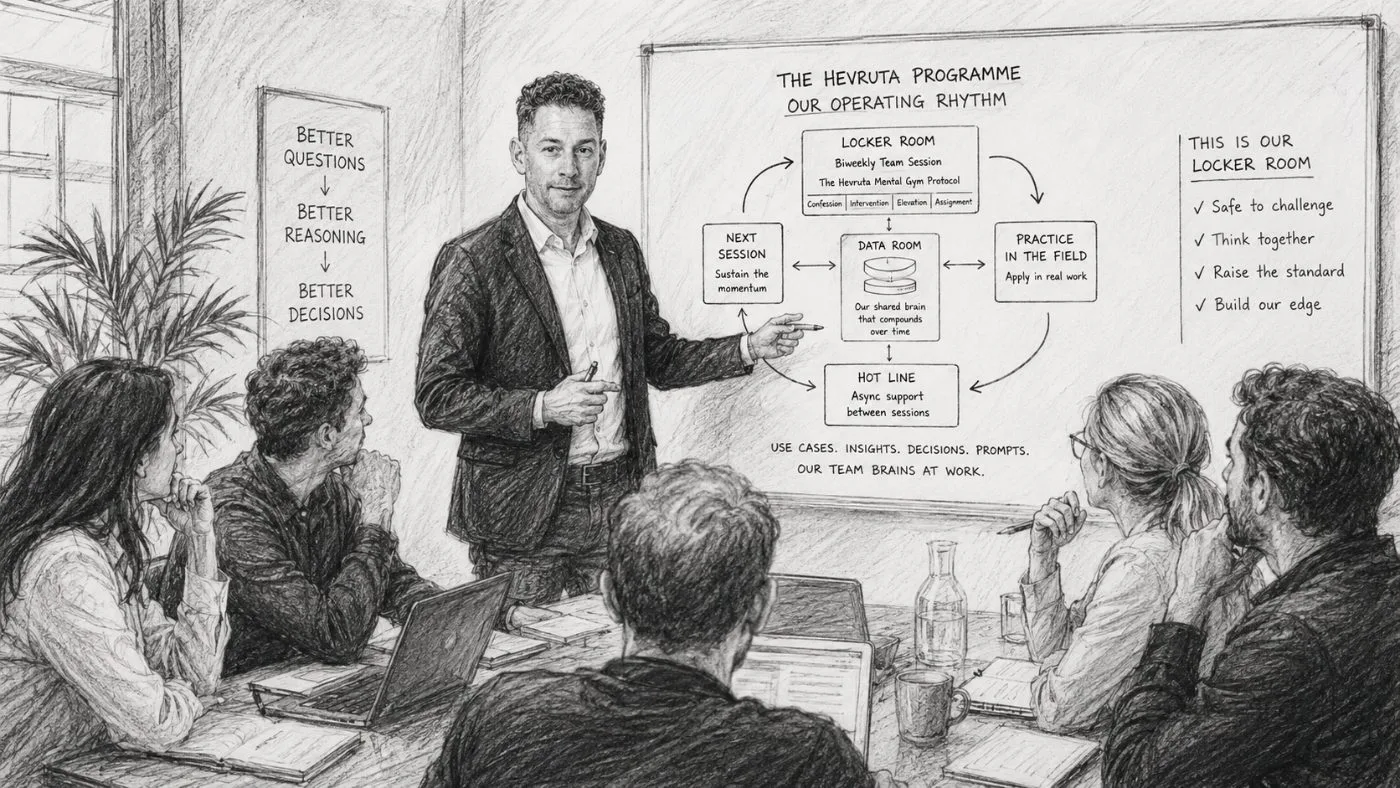 Editorial black-and-white illustration of a leadership team in a regular, established working session, the facilitator at a whiteboard mapping the programme's operating rhythm.