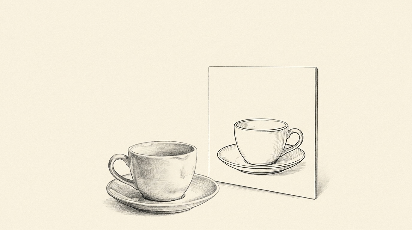 A polished mirror returning a sharper, more detailed reflection than the rough sketch held before it, rendered in fine graphite.