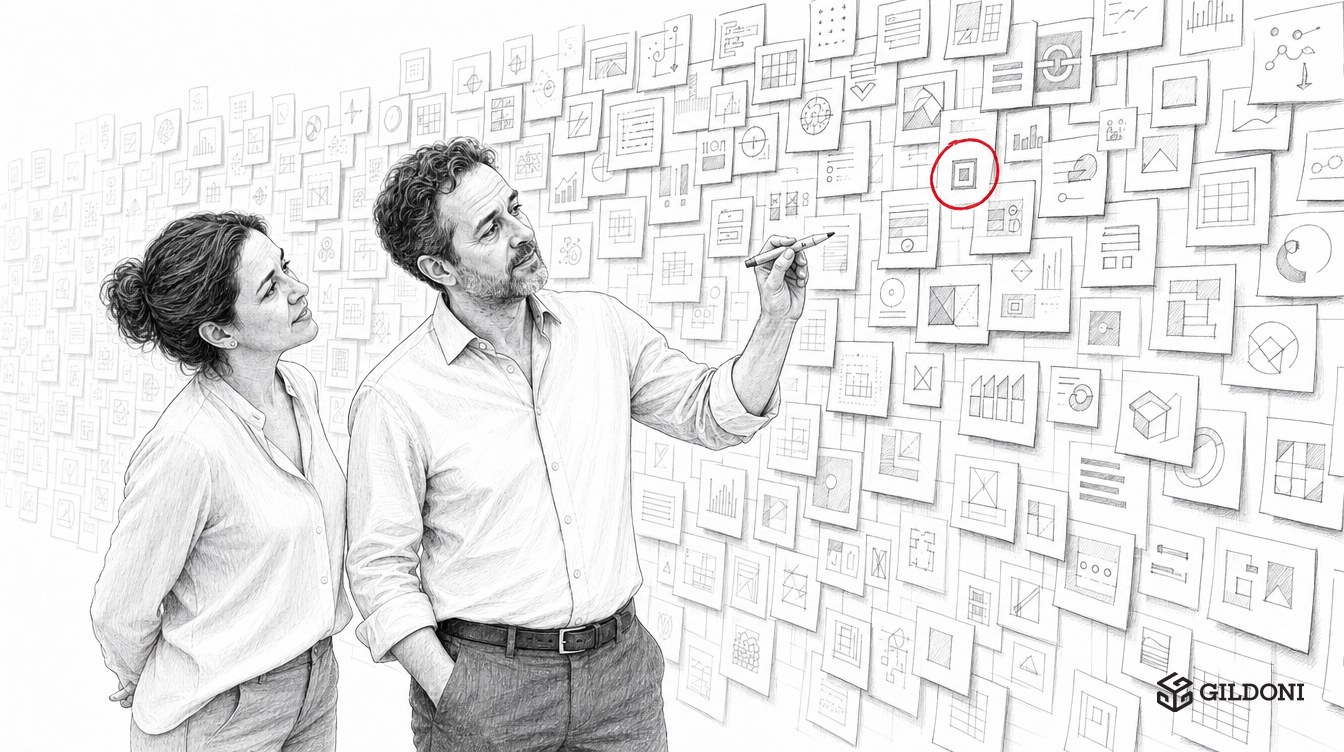 Pencil-sketch illustration: two colleagues before a wall crowded with software tiles, one red circle drawn around a single tile.