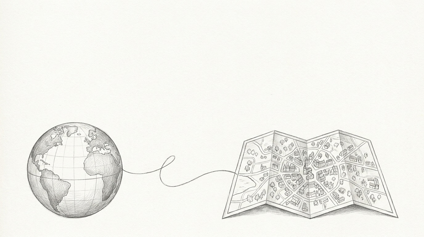 Fine-graphite black-and-white drawing: a general manager standing over a wide table where a polished headquarters strategy deck meets a hand-drawn map of the local market, the centre's clean lines and the market's regulators, payers and channels overlaid and reconciled into one.