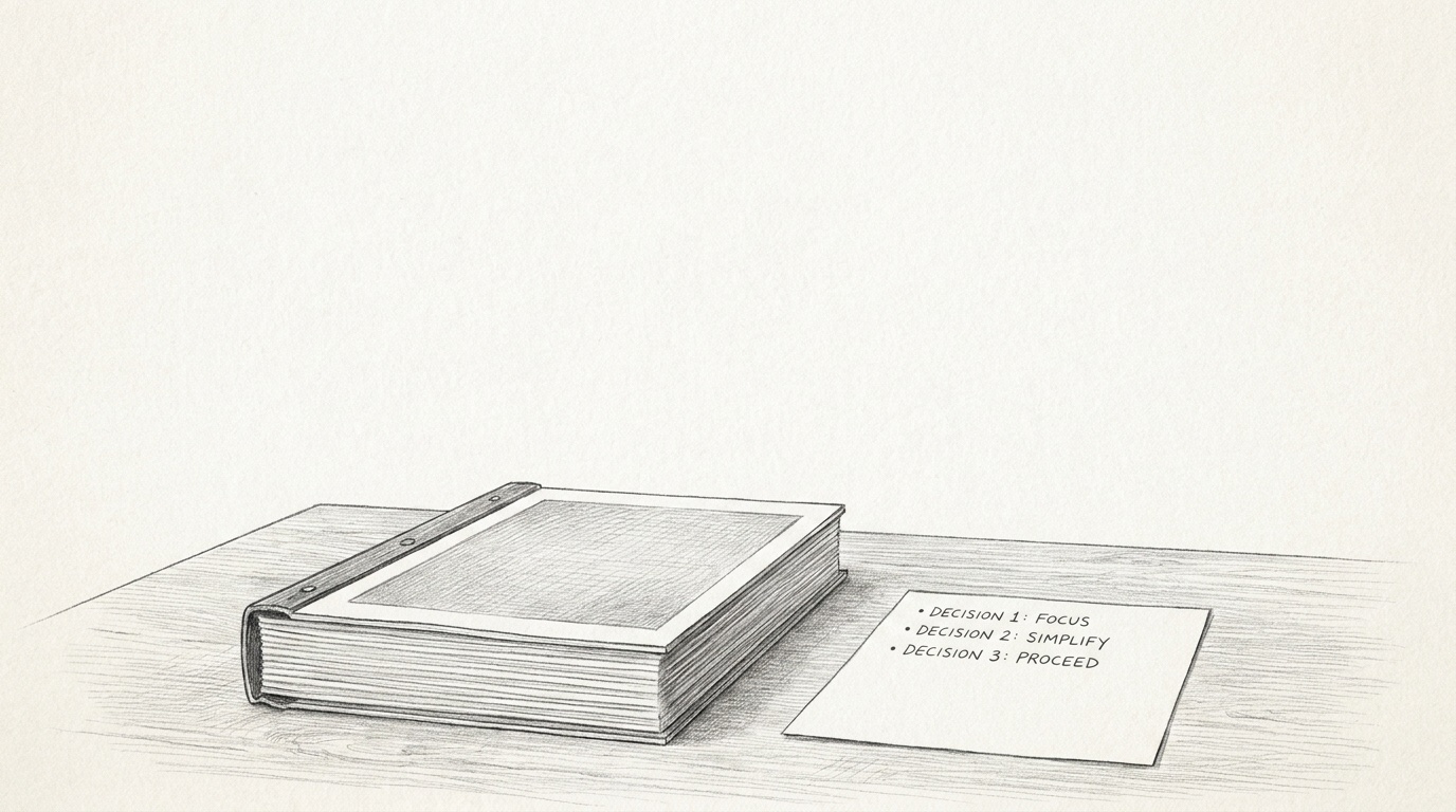 Fine-graphite black-and-white drawing of a chief executive at the head of a long board table, turning a thick printed pack face down and reaching instead for a single sheet that lists open decisions, owners, and deadlines.