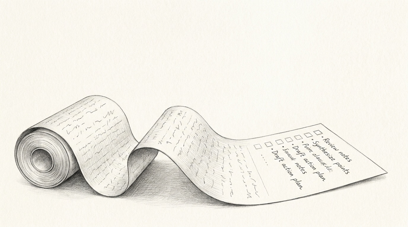 Fine-graphite black-and-white drawing: a COO alone at a long meeting table after the room has emptied, a chair still pushed back, a sprawling transcript on the page narrowing into a short ledger of named owners and dated actions.